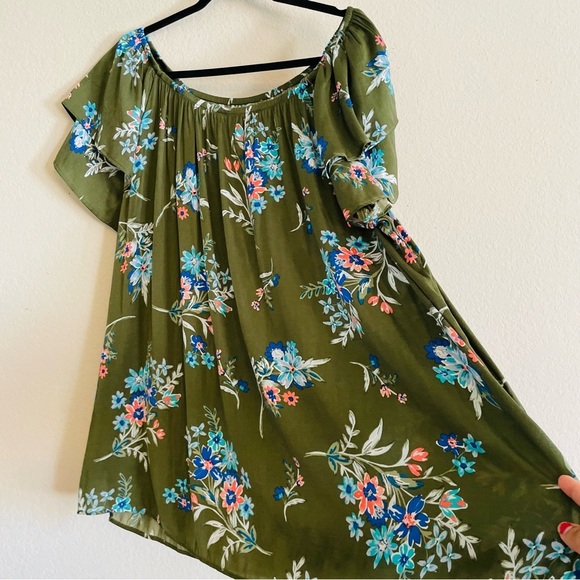 Terra&Sky Floral ruffled top 3X elastic neckline flowy spring summer airy light - Picture 1 of 7
